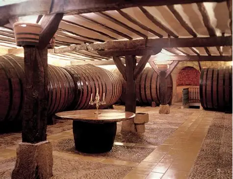 An old wine cellar with barrels, timber beams and a candelabra on a barrel table