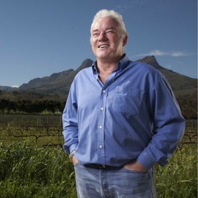 Ken Forrester standing in the vineyard with the mountains behind him